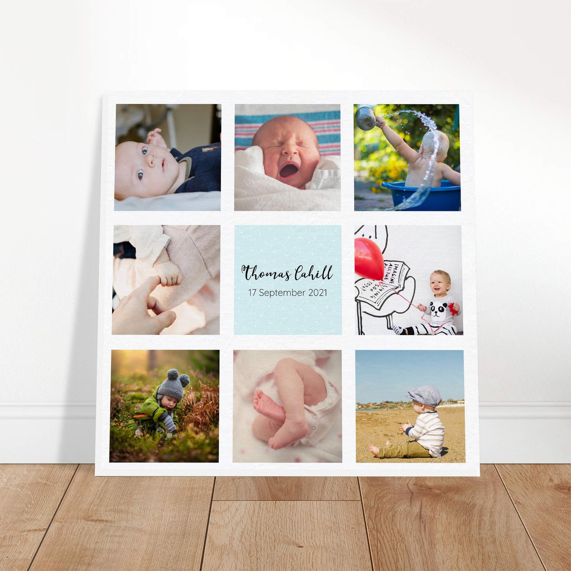 New baby personalised canvas against wall