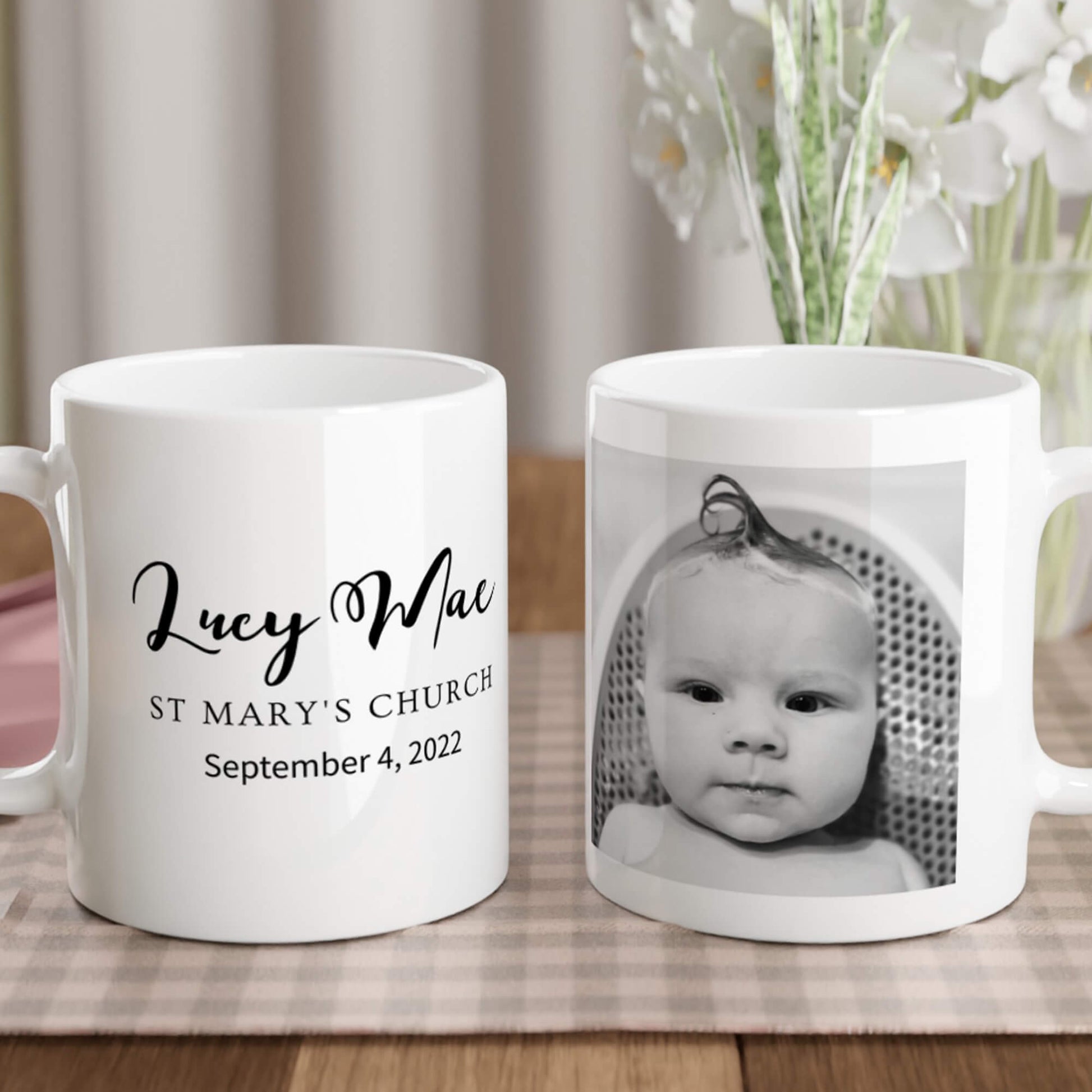 Christening personalised mug - lifestyle image