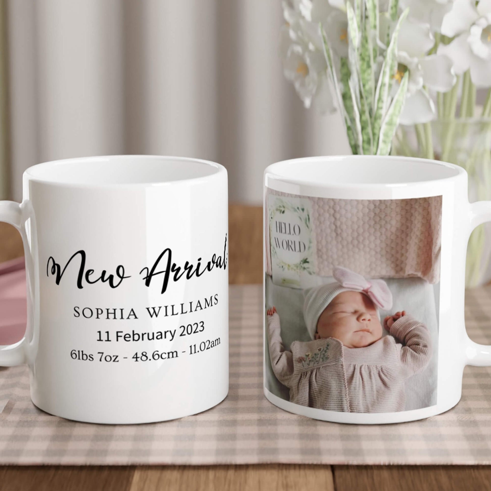 Baby birth stats mug - lifestyle image