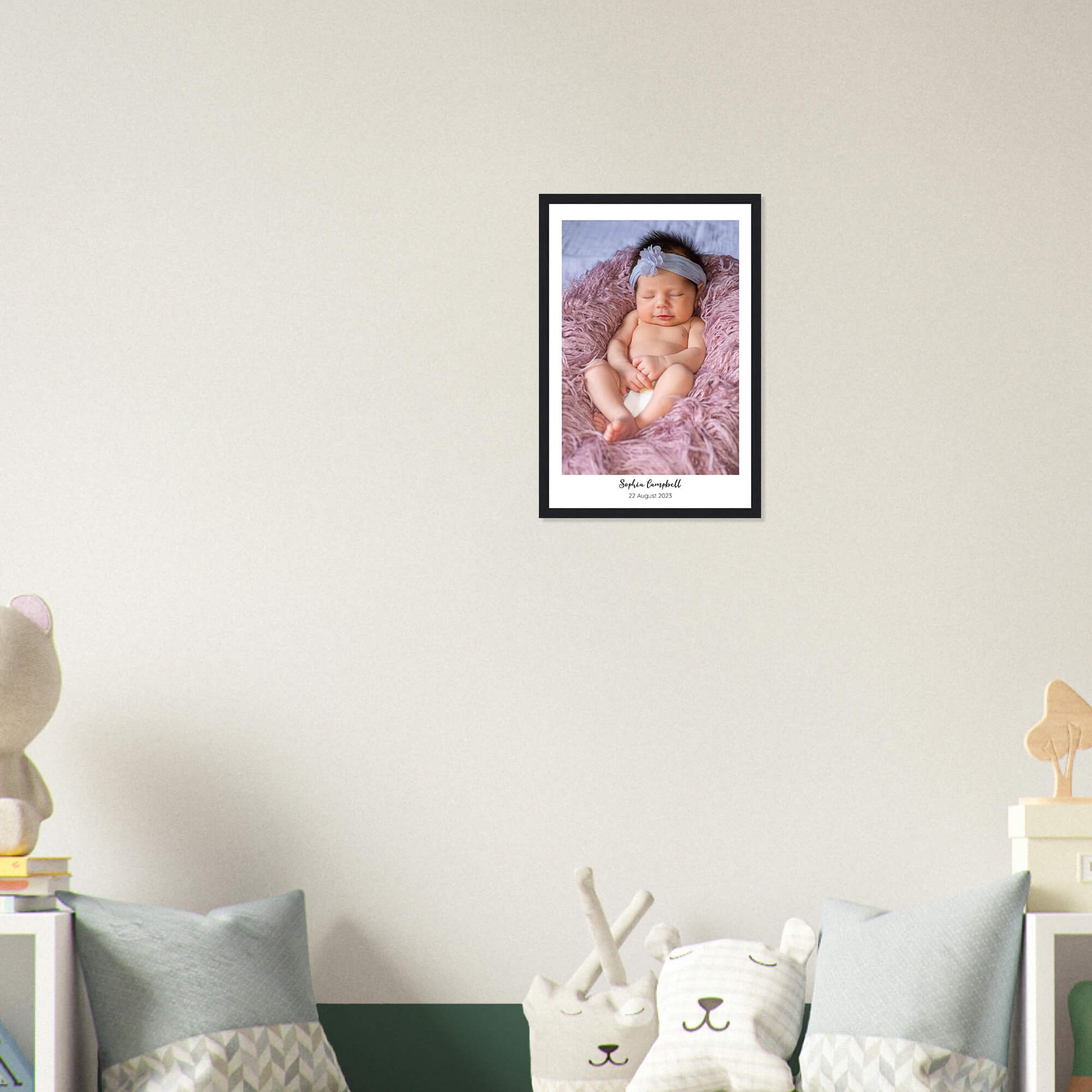 New baby personalised photo print in black frame 12x18 inches