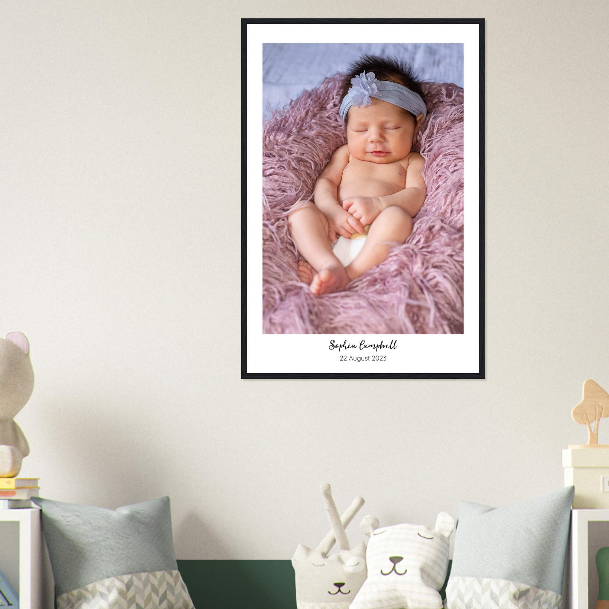 New baby personalised photo print in black frame 24x36 inches