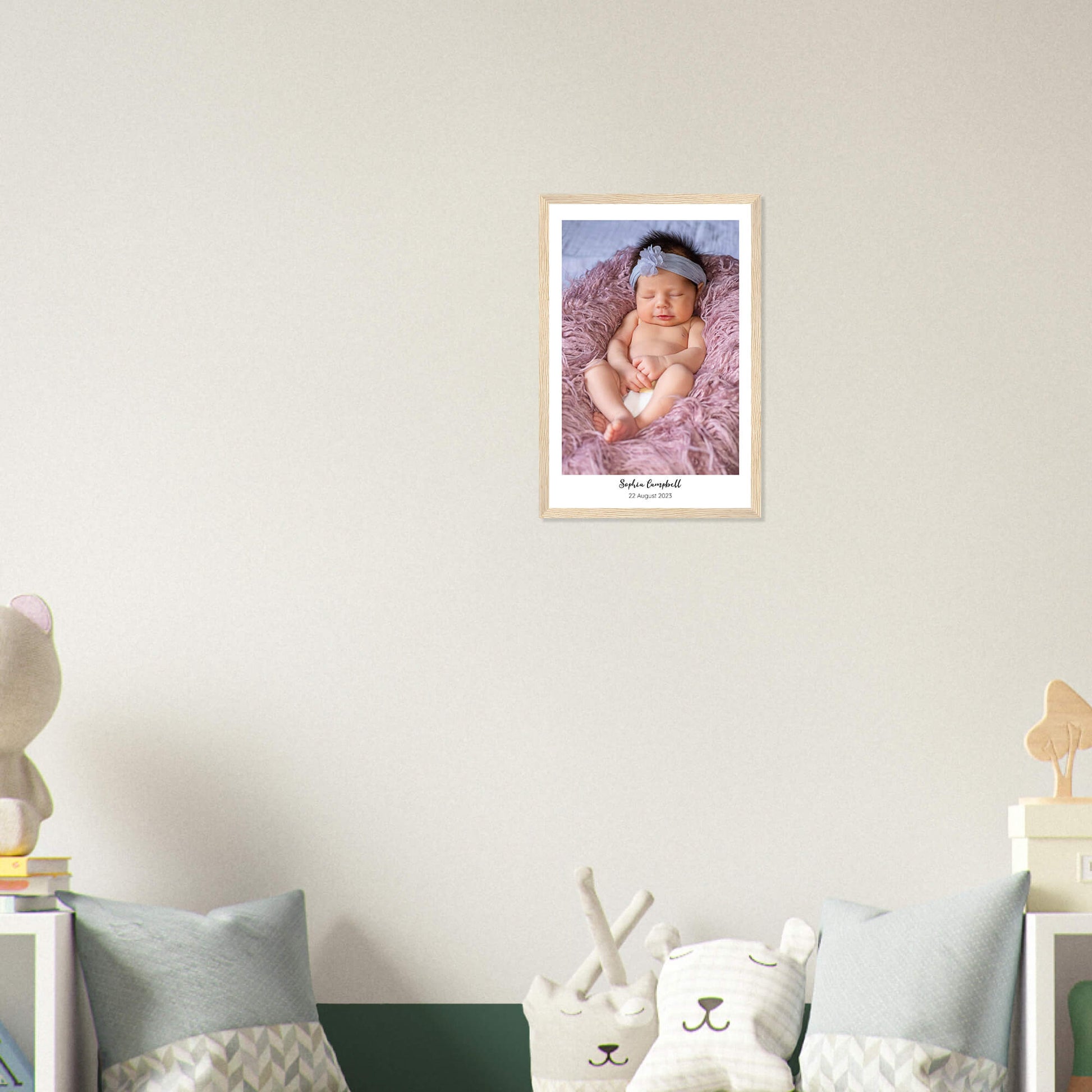 New baby personalised photo print in wood frame 12x18 inches