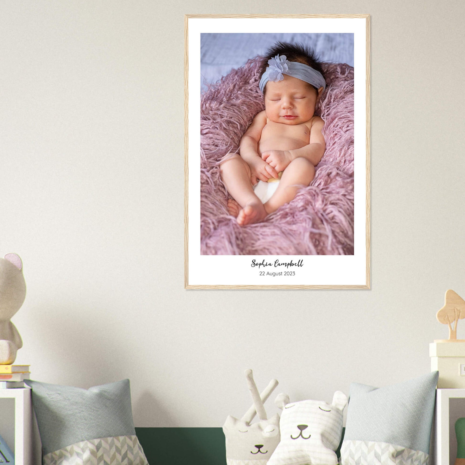 New baby personalised photo print in wood frame 24x36 inches