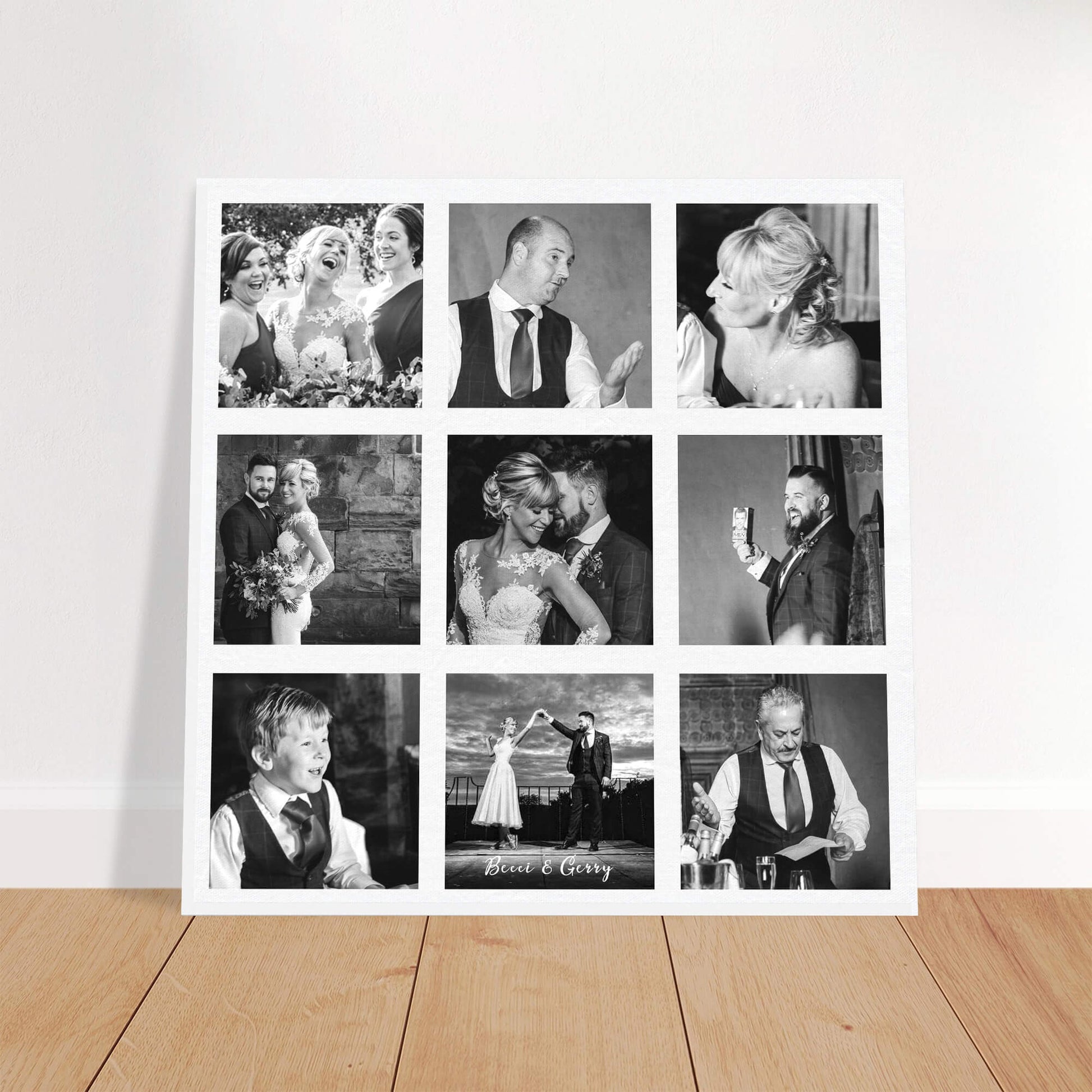 Wedding photo collage canvas against wall